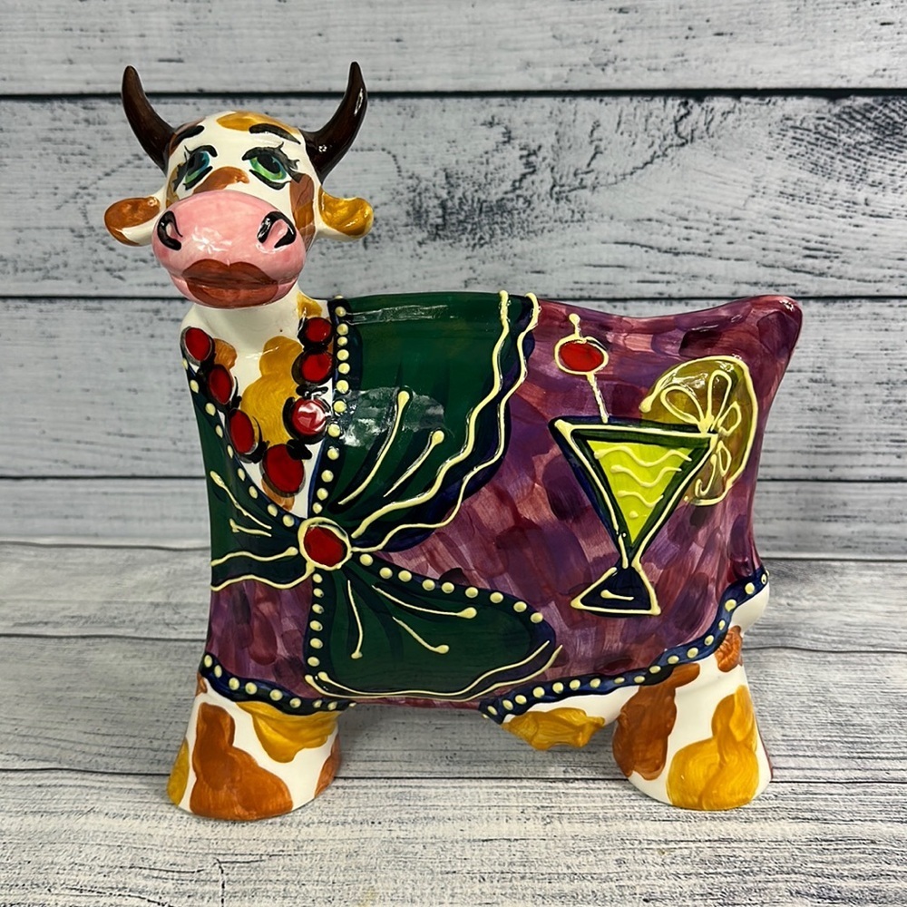 Turov Art Ceramic Limited Edition Cow Hand Painted w/Cocktail Pottery Sculpture